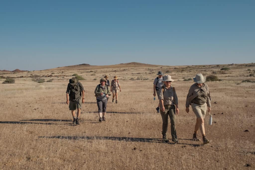 Gruppe Wanderer wandert durch Steppe im Damaraland Namibia